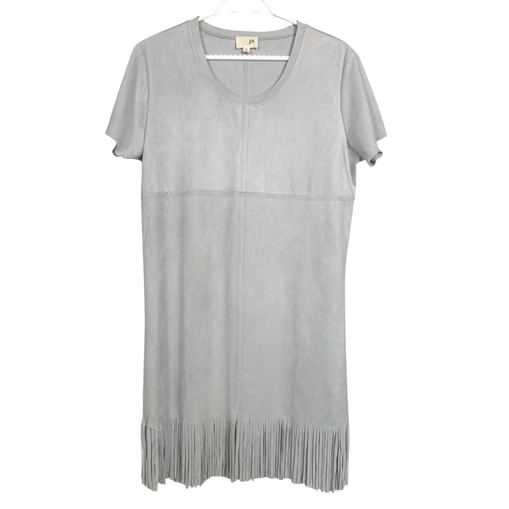 Joh Dove Grey Stretch Faux Suede Dress w Fringe - Picture 4 of 9